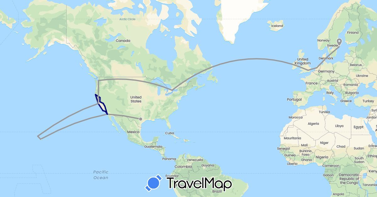 TravelMap itinerary: driving, plane in Canada, United Kingdom, Netherlands, Sweden, United States (Europe, North America)